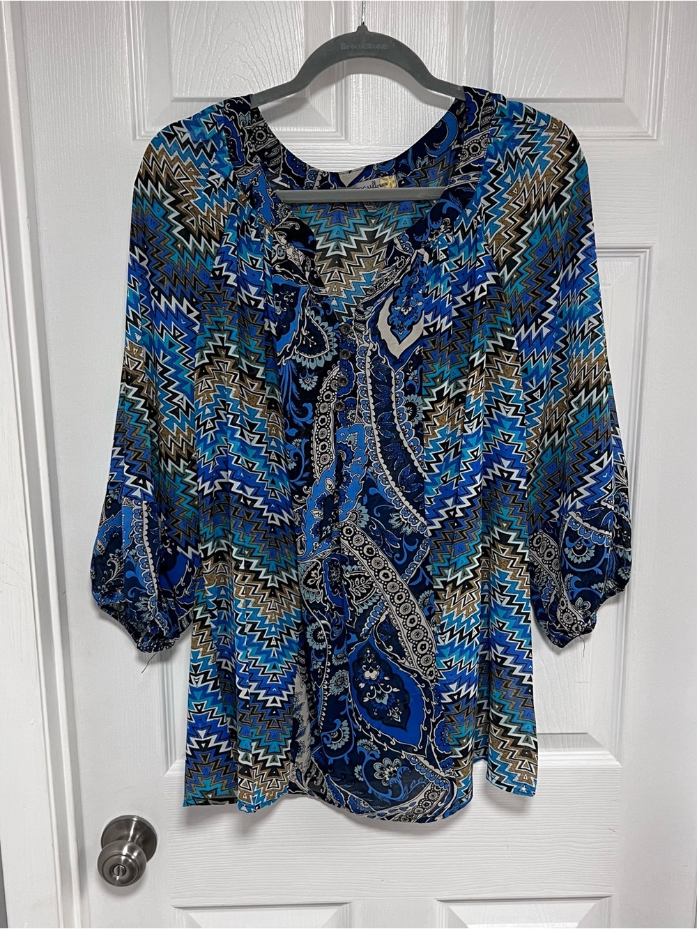 Women’s Blue Paisley & Zigzag Blouse - Lightweight Long Sleeve Top Size 2X